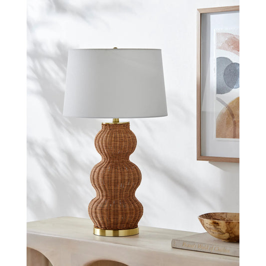 Cazorla Table Lamp - 532384 by Livabliss in body: tan, base: metallic - brass, shade: white, finial: metallic - brass, harp: metallic - brass, cord: translucent and platedpaintedplated. Made from rattan, iron, linen, polystyren
