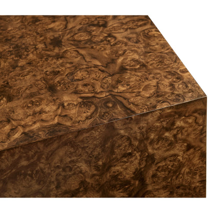 Jacques Radius End Table by Jonathan Charles in brown and walnut burl. Made from book match walnut burl veneer in a unique style.