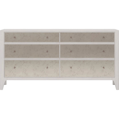 Mezzanine 6 Drawer Mirrored Dresser by A.R.T. Furniture in dove gray. Made from parawood, poplar solids, maple veneer, mirror in a modern style.