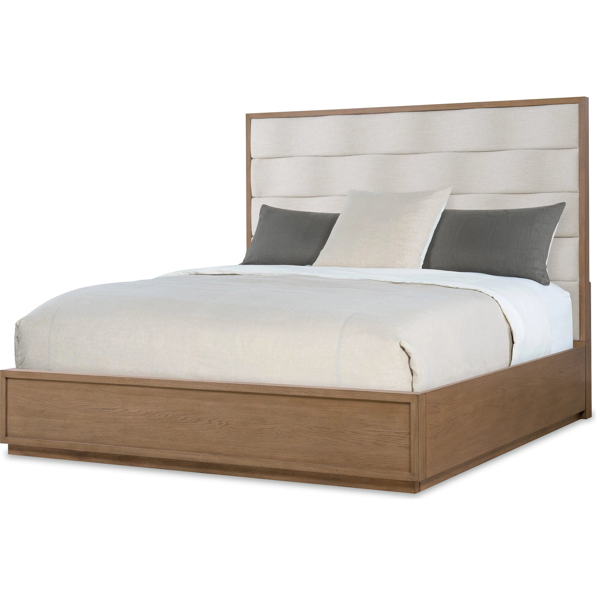 Sonnet California King Upholstered Bed by Hooker Furniture in beige and wren. Made from 92% polyester, 8% linen in a transitional style.