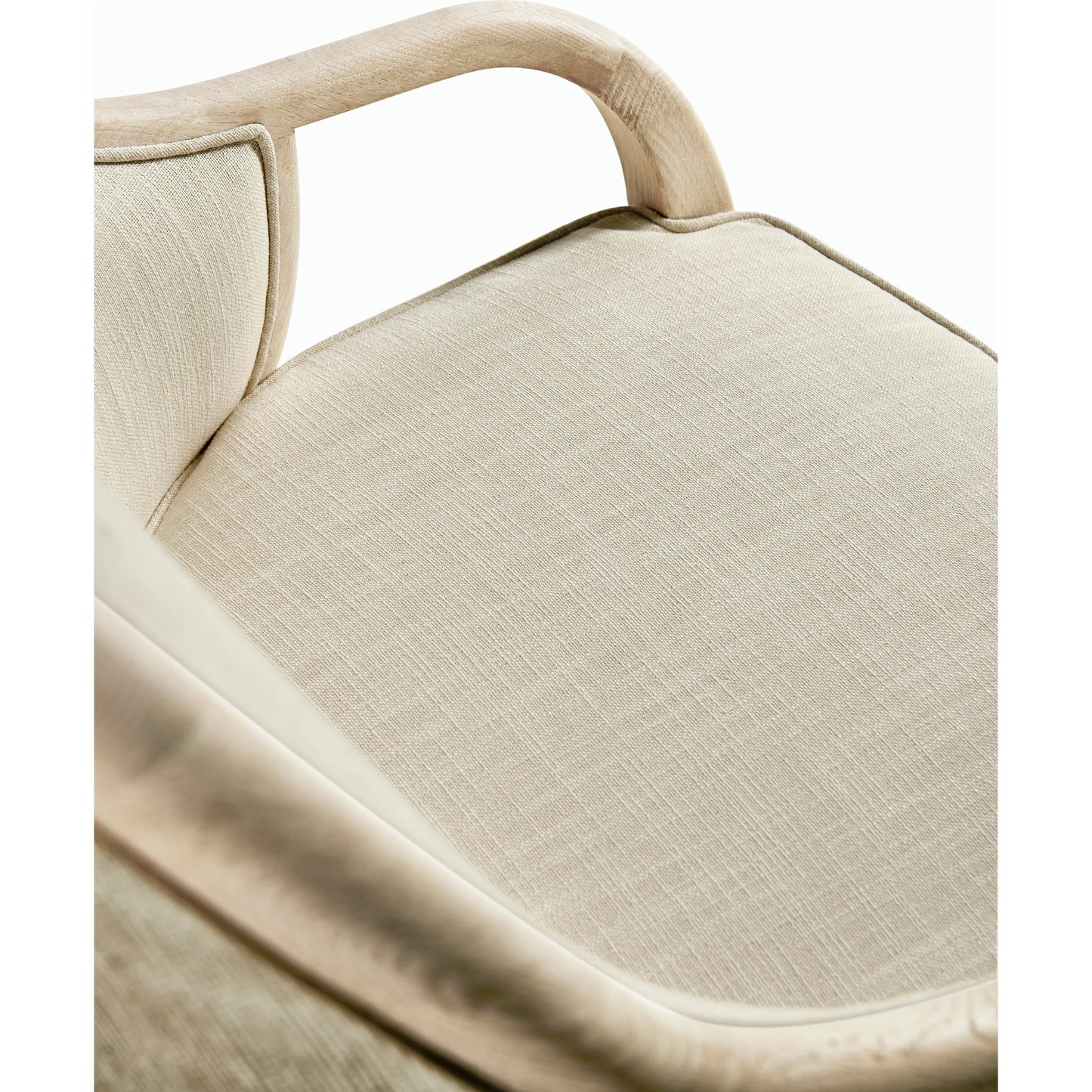 004 SI-2186257 | Closeup | Water Basin Dining Arm Chair by Jonathan Charles in whitewash oak. Made from oak, foam, fabric, grass cloth in a modern style.