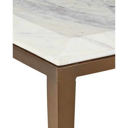 Oblique Marble Cocktail Table by Currey and Company in natural, antique brass. Made from white lilac marble, iron, engineered wood in a modern style.
