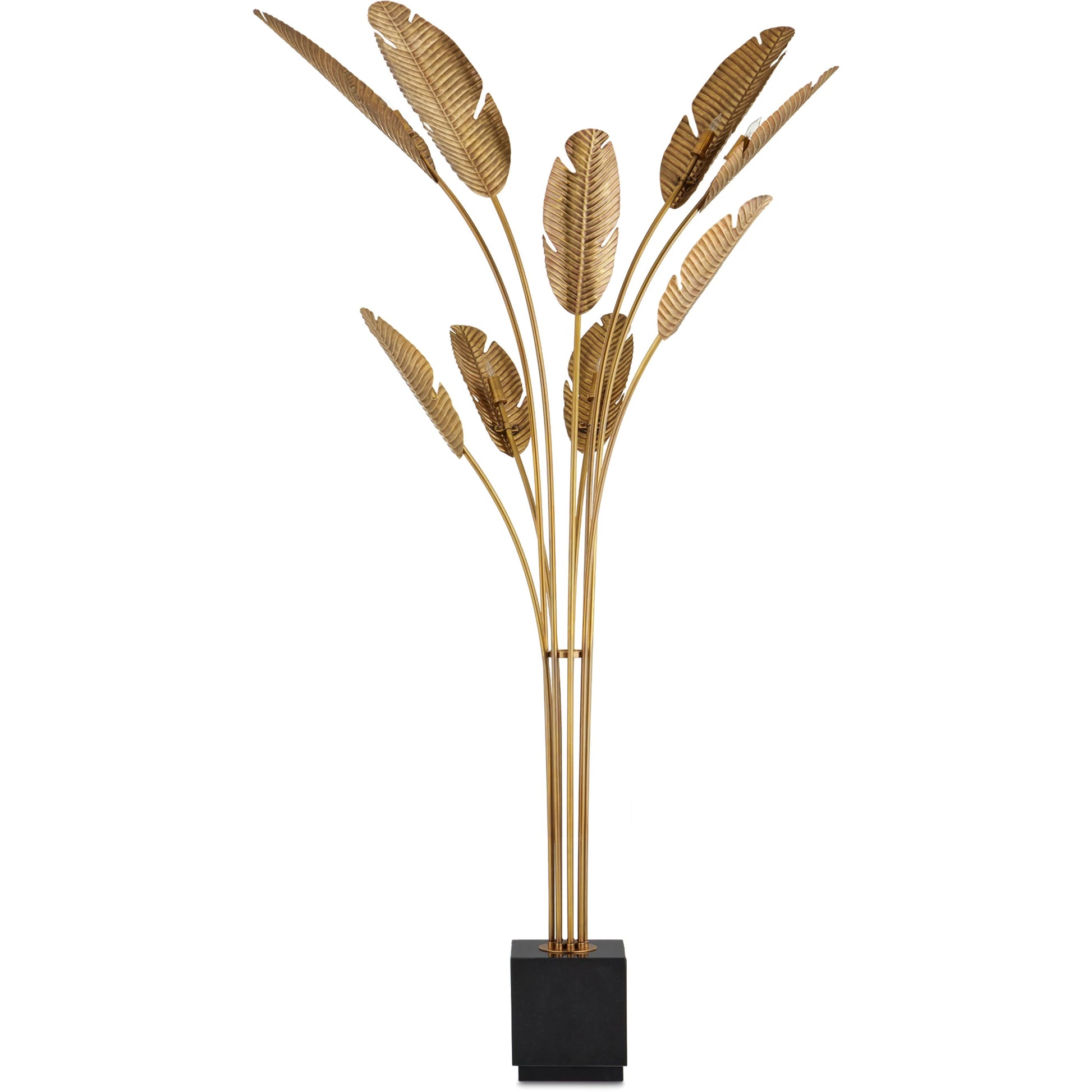 Tropical Grande Floor Lamp by Currey and Company in vintage brass, black. Made from brass, granite in a coastal style.