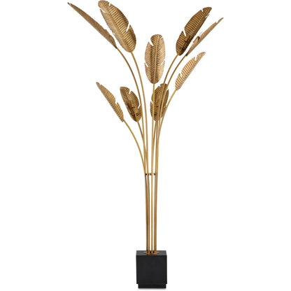 Tropical Grande Floor Lamp by Currey and Company in vintage brass, black. Made from brass, granite in a coastal style.