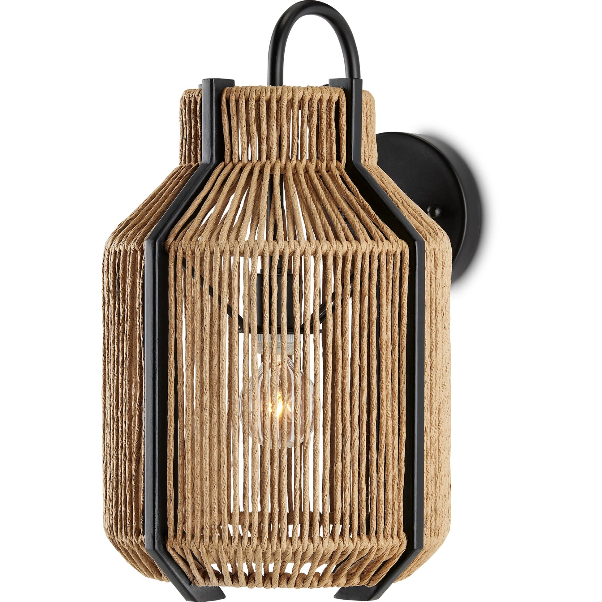 Mali Wall Sconce by Currey and Company in natural, satin black. Made from kraft paper twine, wrought iron in a coastal style.