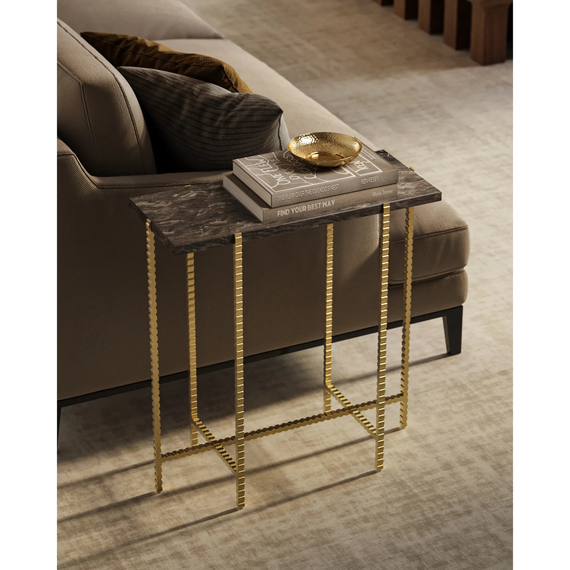 Flying  Side Table by Currey and Company in natural, gold. Made from cappuccino stone, iron in a modern style.
