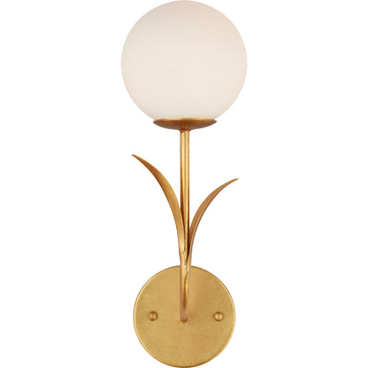 Rossville Wall Sconce by Currey and Company in contemporary gold leaf, frosted white. Made from wrought iron, glass in a modern style.