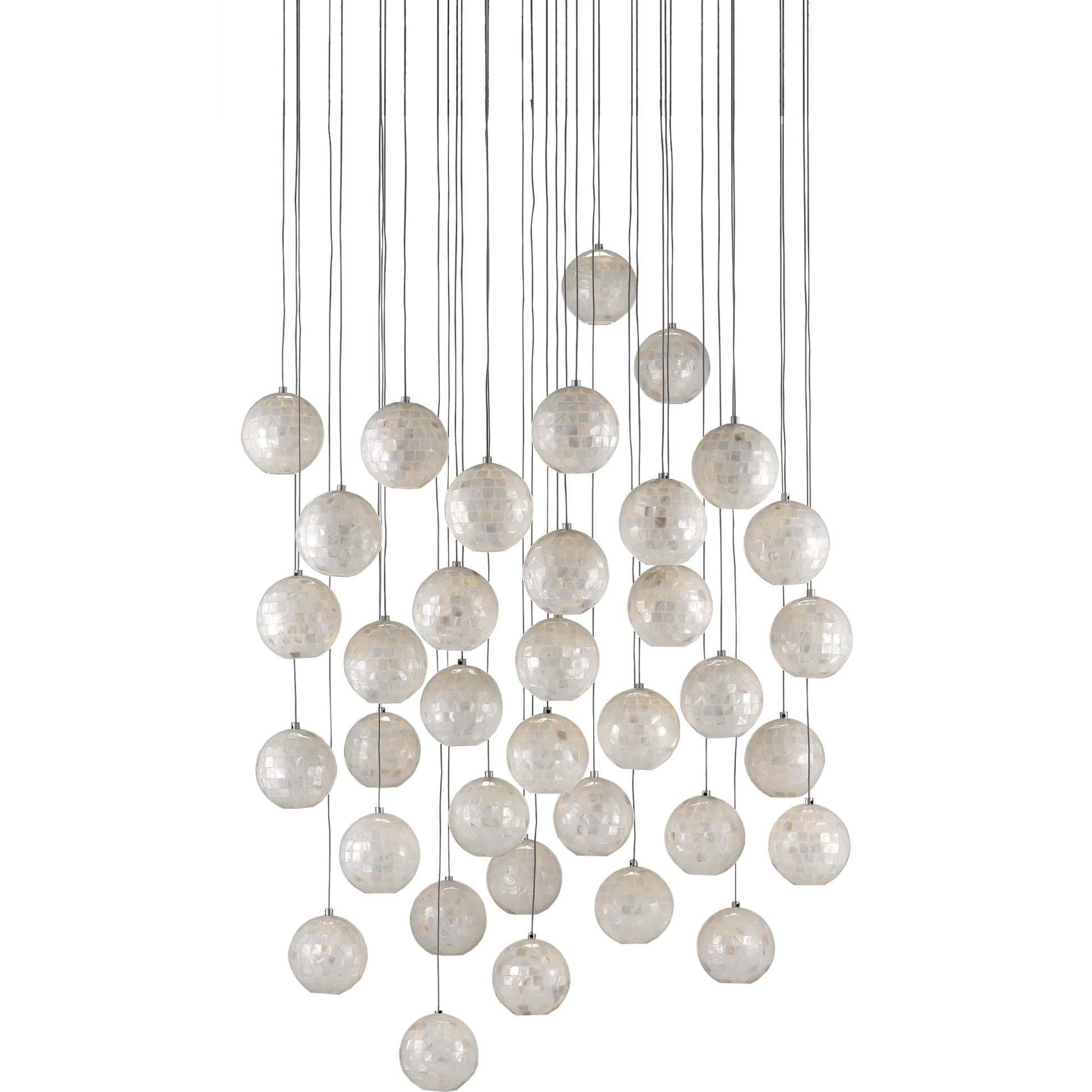 Finhorn 36-Light Round Multi-Drop Pendant by Currey and Company in painted silver, pearl. Made from metal, mother of pearl in a modern style.