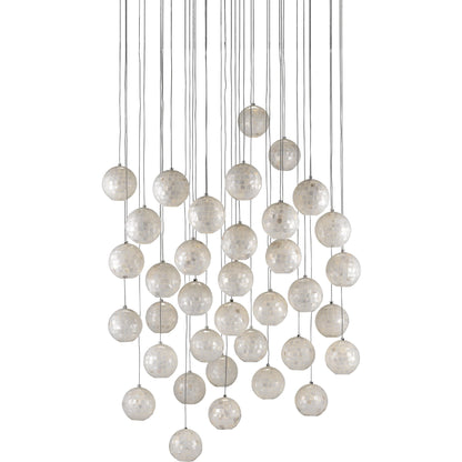 Finhorn 36-Light Round Multi-Drop Pendant by Currey and Company in painted silver, pearl. Made from metal, mother of pearl in a modern style.