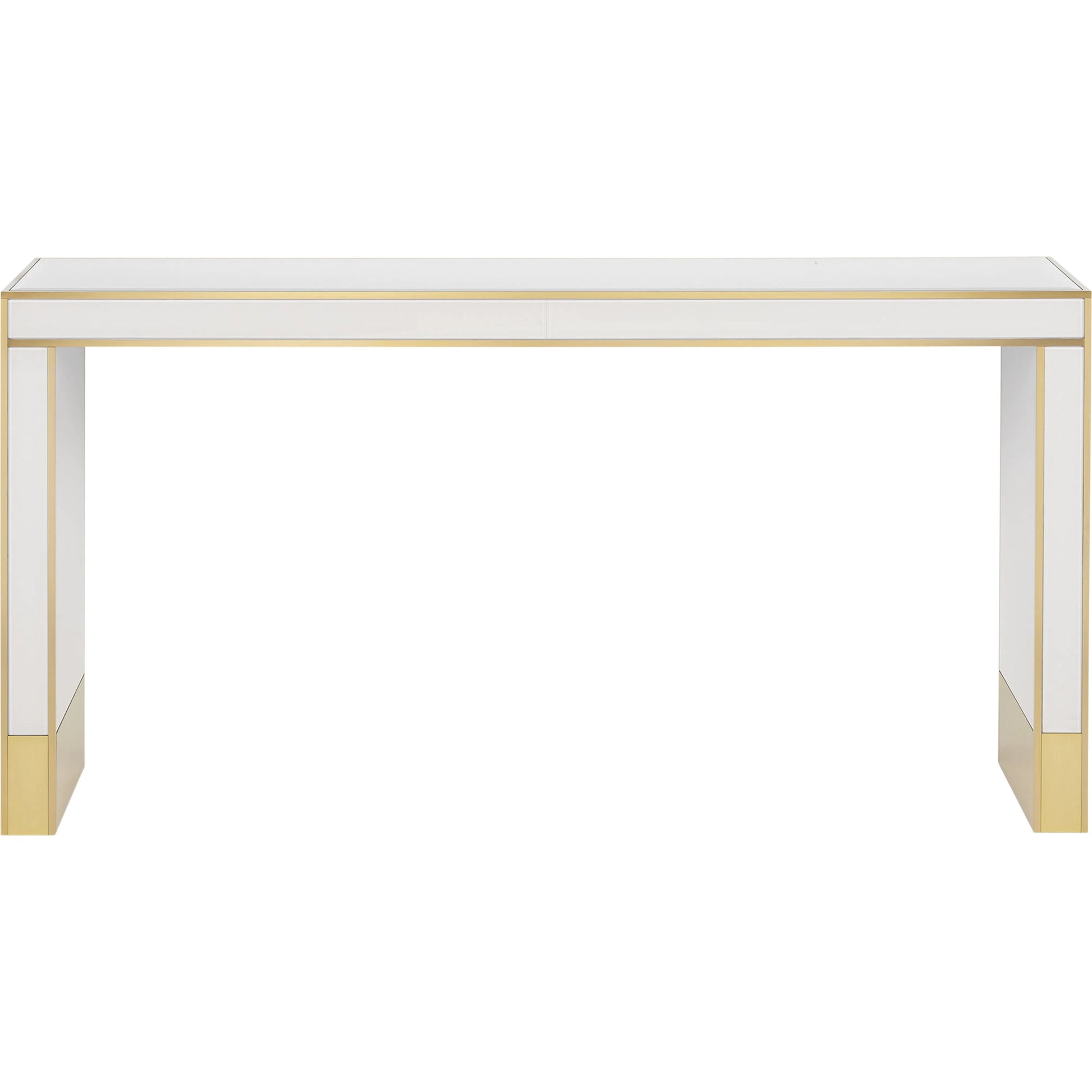 Arden Console Table by Currey and Company in ivory, satin brass. Made from reverse painted glass, brass, solid hardwood in a modern style.
