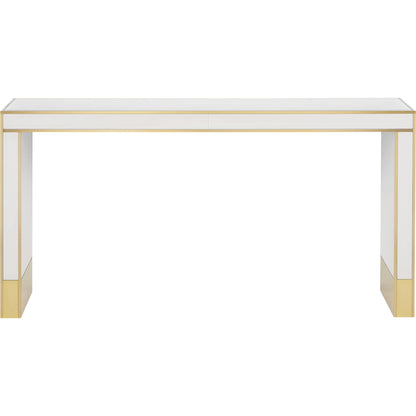 Arden Console Table by Currey and Company in ivory, satin brass. Made from reverse painted glass, brass, solid hardwood in a modern style.