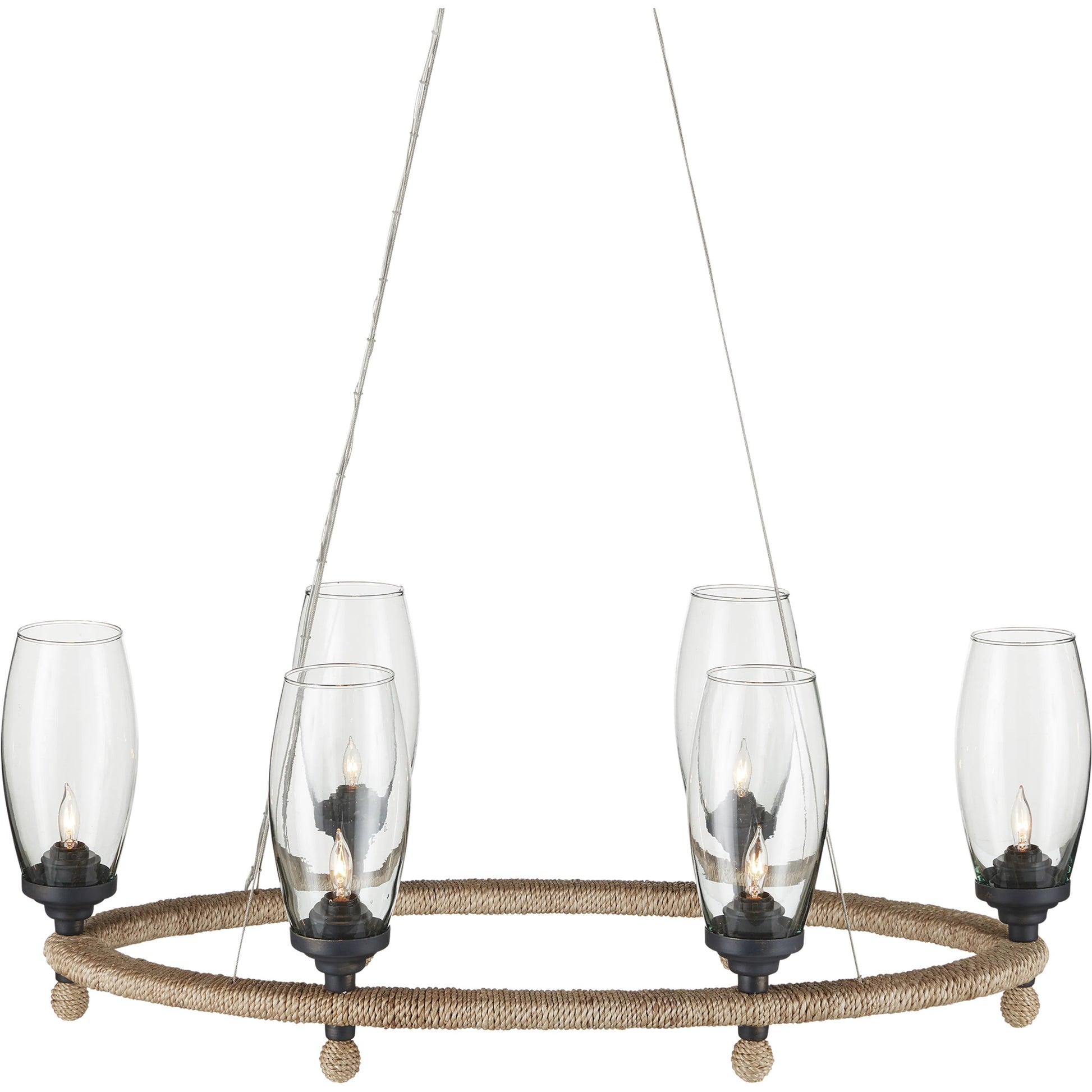 Hightider Glass Oval Chandelier by Currey and Company in natural, clear, french black. Made from wrought iron, abaca rope, recycled glass in a modern style.