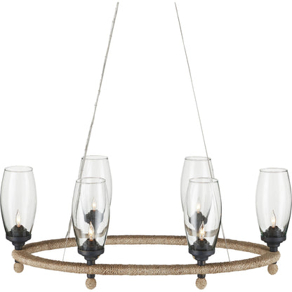 Hightider Glass Oval Chandelier by Currey and Company in natural, clear, french black. Made from wrought iron, abaca rope, recycled glass in a modern style.