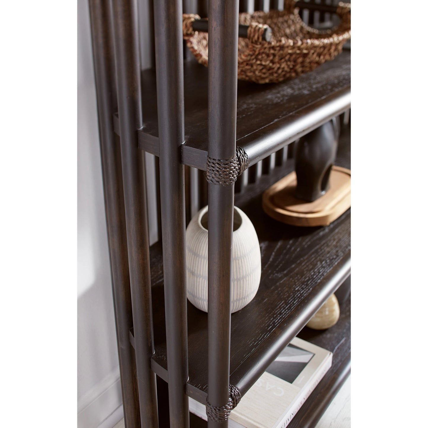 011 SI-2133701 | Lifestyle | Retreat Slatted Bookcase by Hooker Furniture. Made from oak veneers, rope in a cottage & farmhouse style.