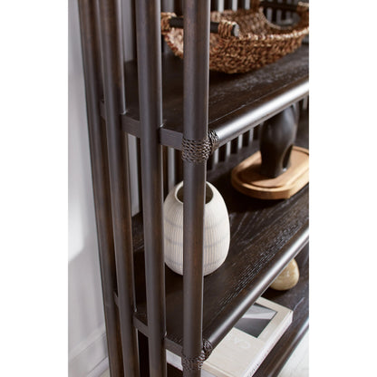 Retreat Slatted Bookcase by Hooker Furniture. Made from oak veneers, rope in a cottage & farmhouse style.