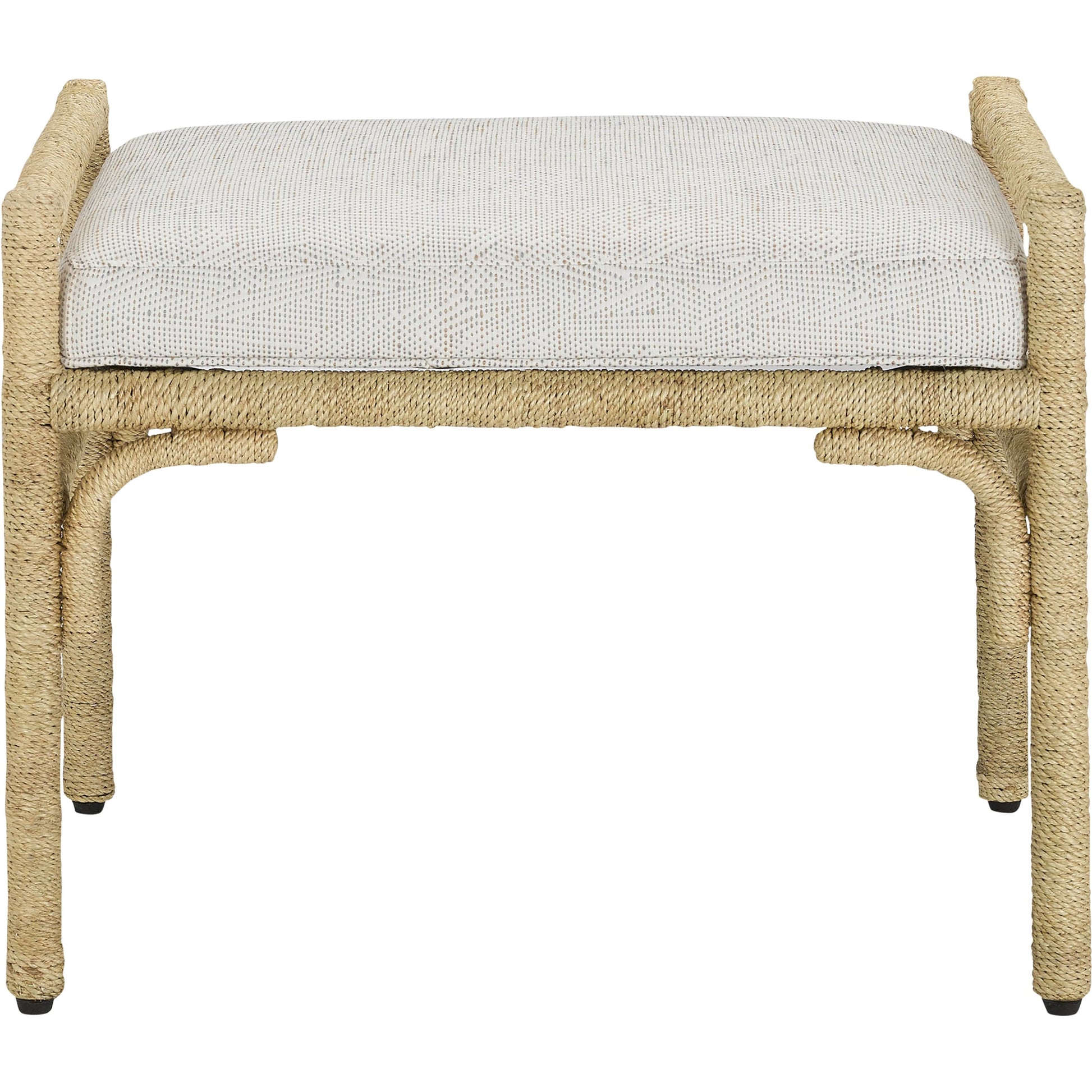 Olisa Ottoman by Currey and Company in pearl. Made from abaca rope, wrought iron, fabric in a coastal style.