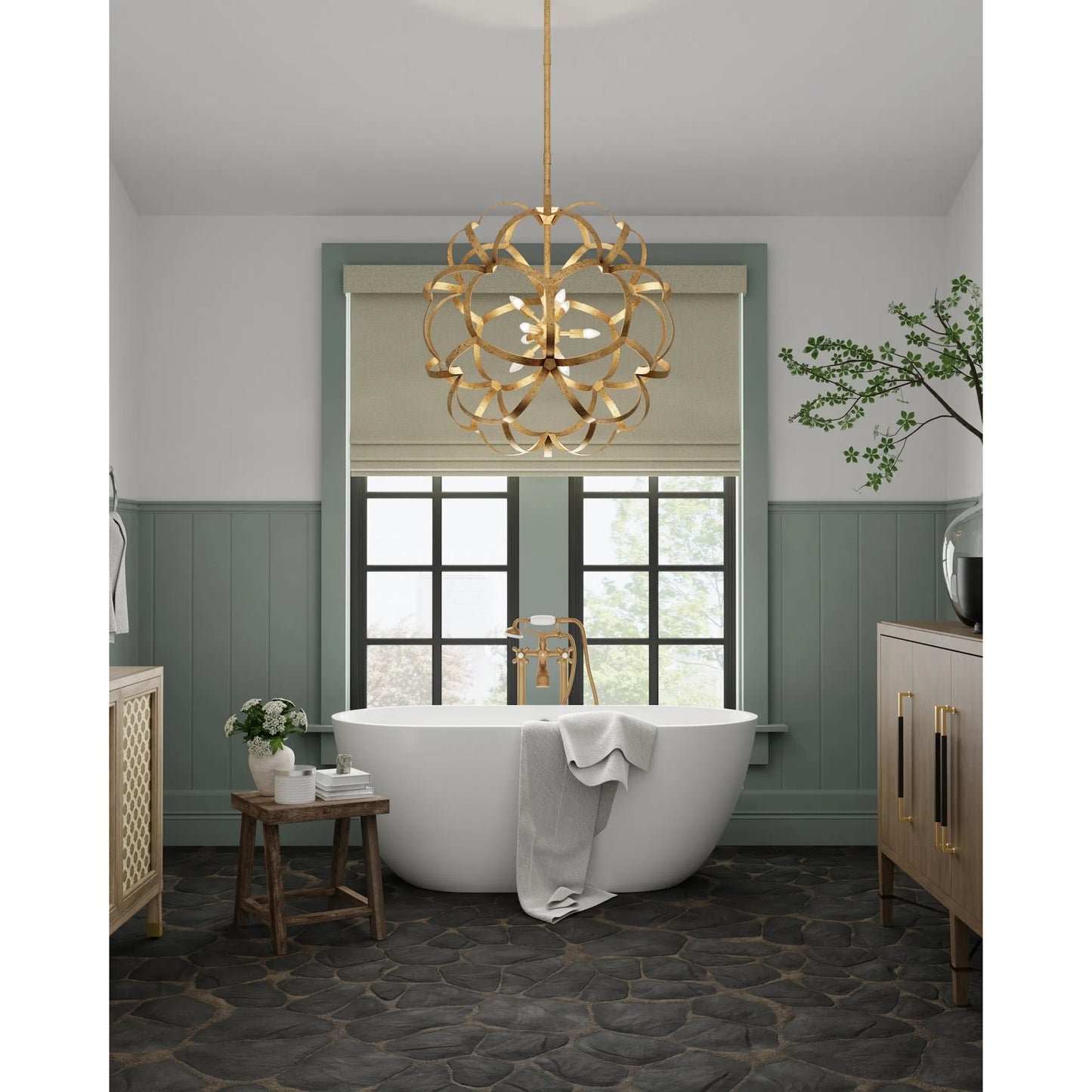 005 S-291316 | Lifestyle | Sappho Orb Chandelier by Currey and Company in new gold leaf. Made from wrought iron in a modern style.