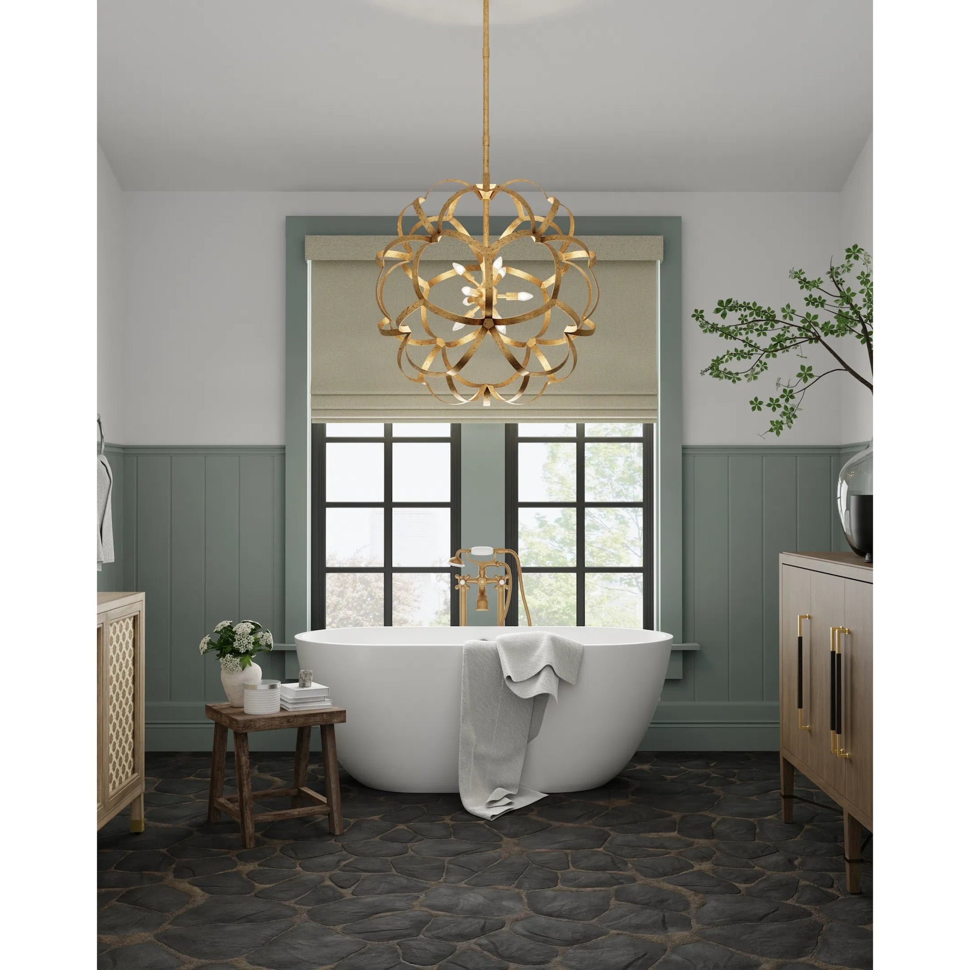 Sappho Orb Chandelier by Currey and Company in new gold leaf. Made from wrought iron in a modern style.