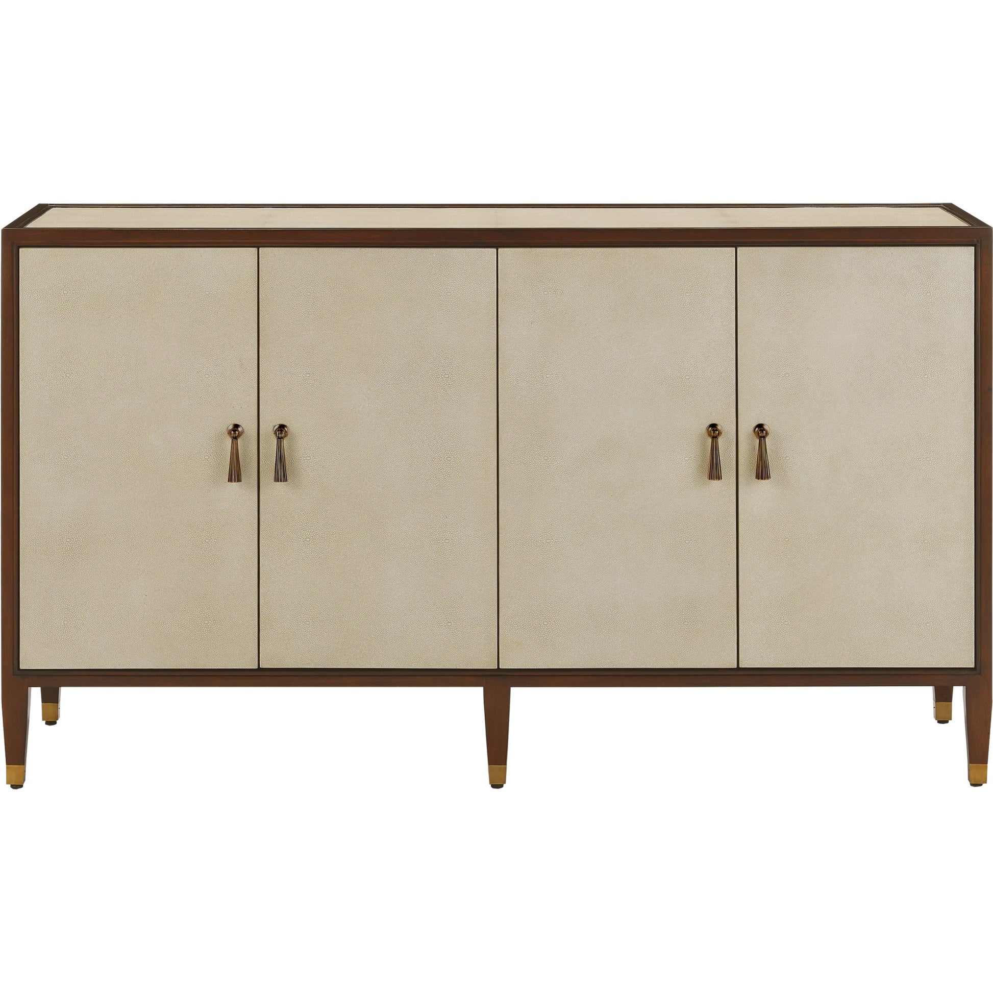 Evie Credenza by Currey and Company in ivory, dark walnut, brass. Made from faux shagreen, mahogany, cast brass in a transitional style.