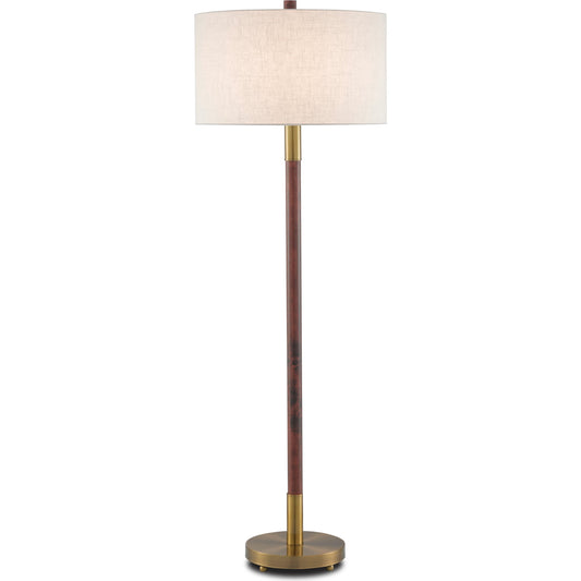 Bravo Floor Lamp by Currey and Company in mahogany, antique brass. Made from rubber wood, metal in a rustic style.