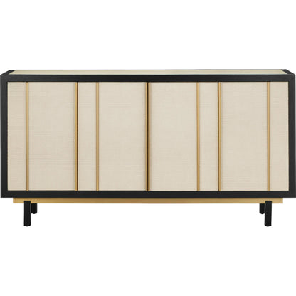 Deanna Raffia Credenza by Currey and Company in ivory, black, satin brass, natural, clear. Made from raffia, okume veneer, stainless steel, sycamore veneer, tempered glass in a modern style.