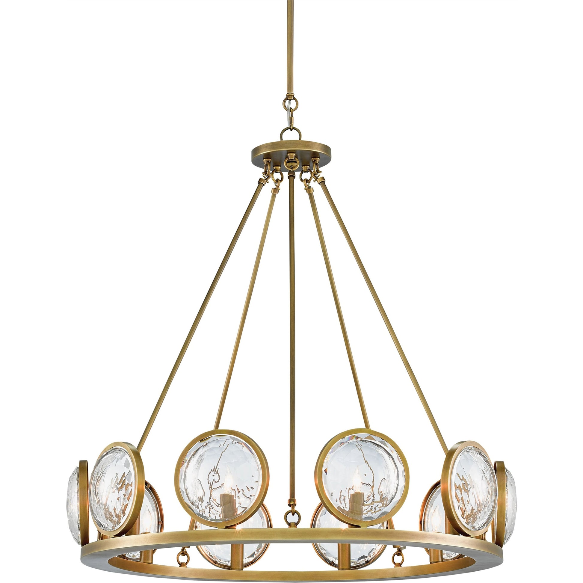 Marjiescope Chandelier by Currey and Company in antique brass. Made from metal, brass, prism optic crystal in a traditional style.