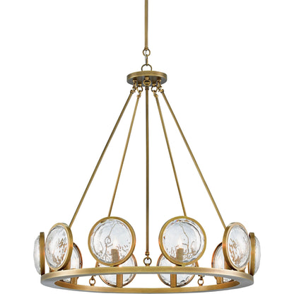 Marjiescope Chandelier by Currey and Company in antique brass. Made from metal, brass, prism optic crystal in a traditional style.