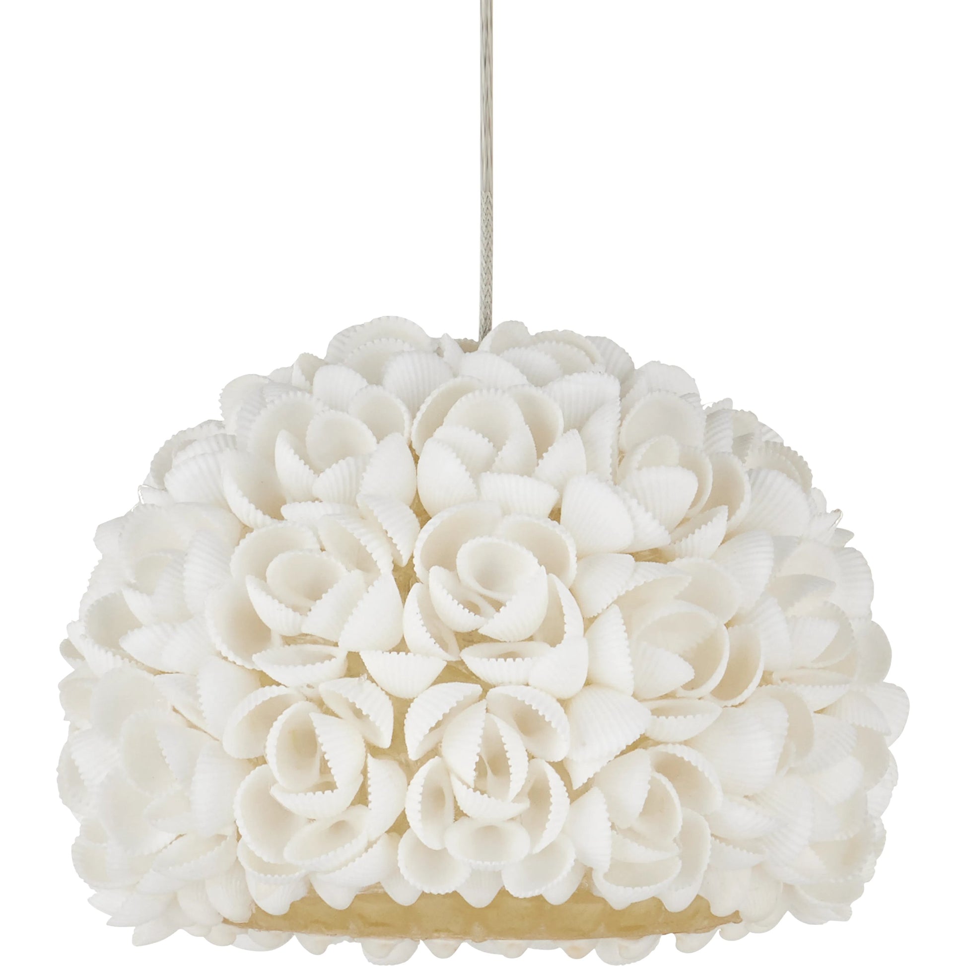 Virtu 3-Light Round Multi-Drop Pendant by Currey and Company in natural, silver. Made from clamrose shell, metal, composite in a modern style.