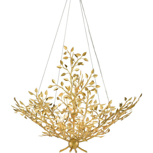 Huckleberry Chandelier by Currey and Company in contemporary gold leaf. Made from wrought iron in a transitional style.