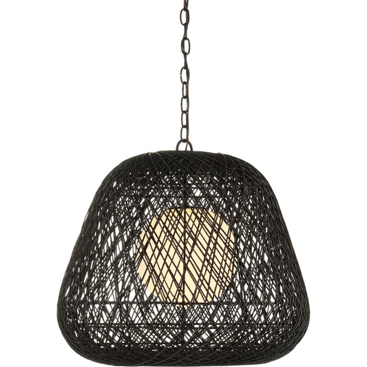 Osbert Pendant by Currey and Company in black, satin black, white. Made from kraft paper twine, wrought iron, glass in a unique style.