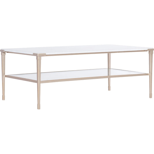 Melange Jen Cocktail Table by Hooker Furniture in gold and champagne metal, natural white stone. Made from white genesis slab, metal, glass in a unique style.