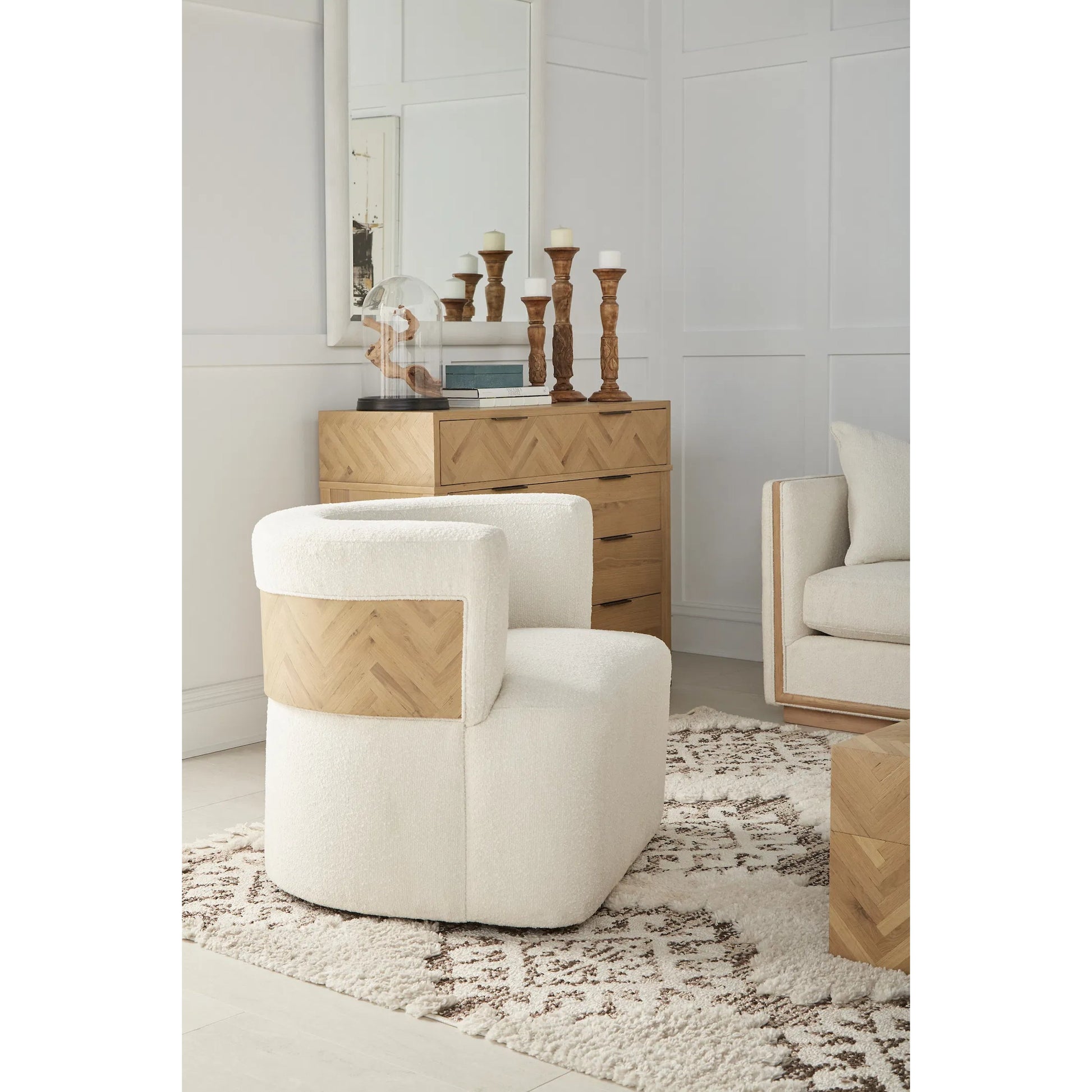 Cassat Swivel Chair by A.R.T. Furniture in white and okla snow, washed oak. Made from parawood solids with ash embossing, foam, fabric in a transitional style.