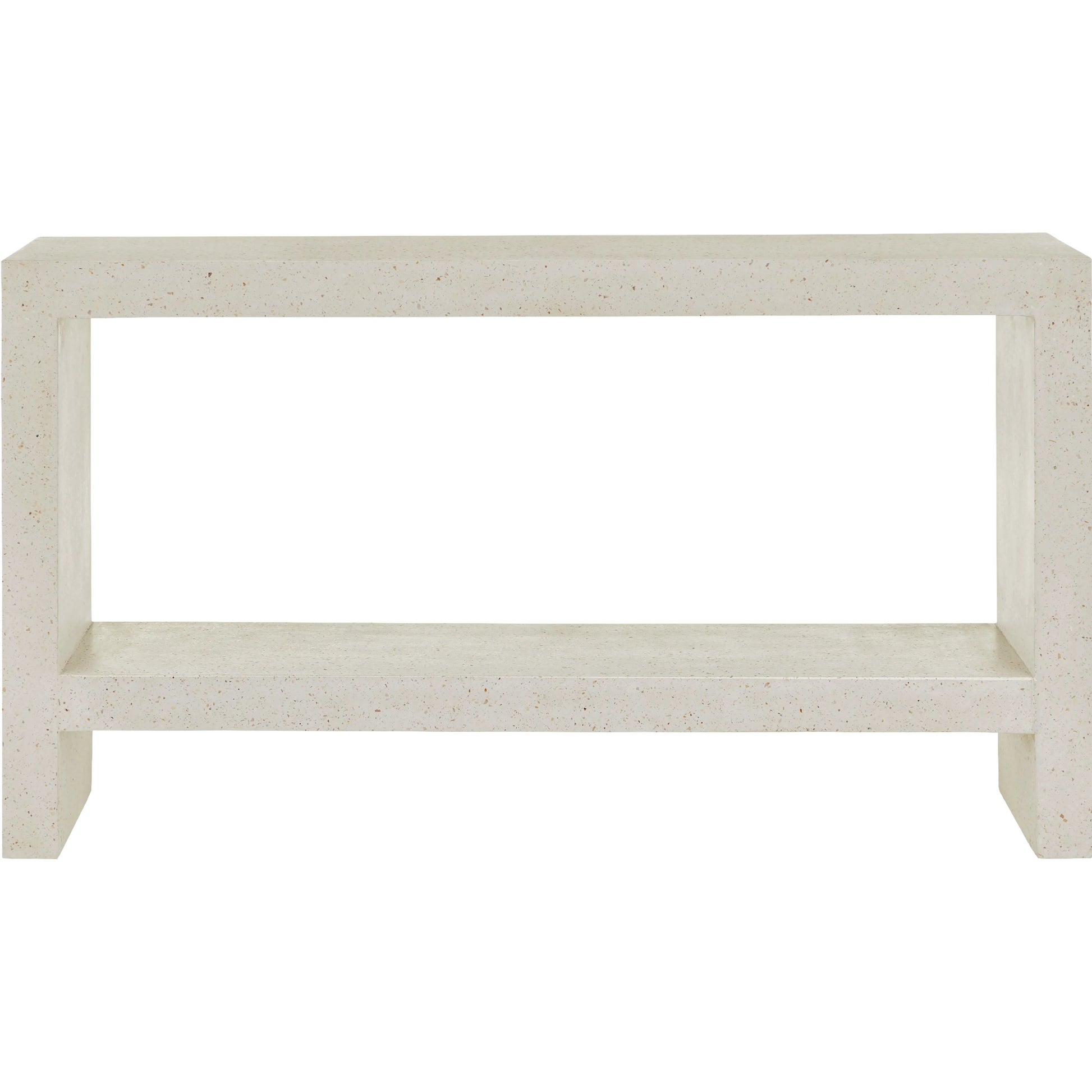 Carson Console Table by Currey and Company in ivory terrazzo. Made from fiber concrete, stone, shell in a transitional style.