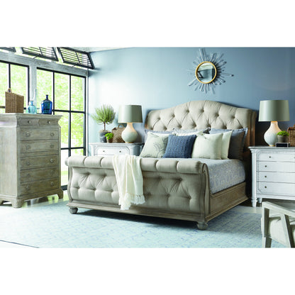 Summer Creek Shoals Tufted Sleigh Bed by A.R.T. Furniture in gray and scrubbed oak. Made from flakey cathedral oak veneer, parawood solids in a traditional style.