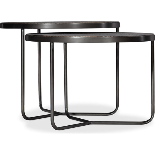 Commerce & Market Bunching Cocktail Tables by Hooker Furniture in black, gray. Made from hammered aluminum, carbon steel in a transitional style.