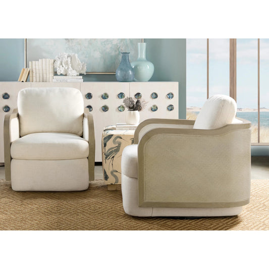 Wilma Swivel Chair by Hooker Furniture in halston white and light wood, rattan. Made from fabric in a transitional style.