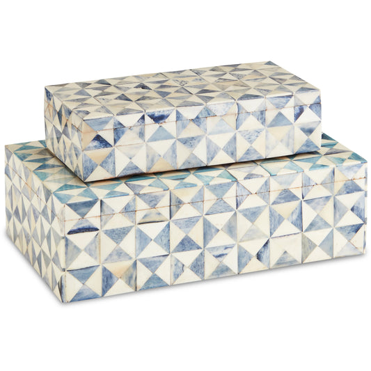 Sky Box Set by Currey and Company in blue, white. Made from bone, wood in a unique style.