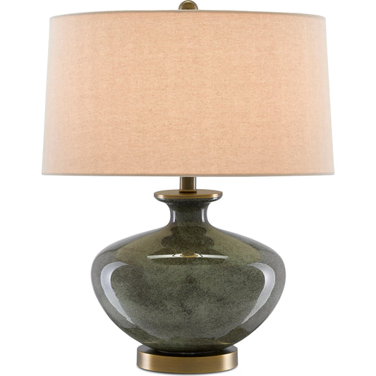 Greenlea Table Lamp by Currey and Company in dark gray, moss green, antique brass. Made from glass, metal in a transitional style.