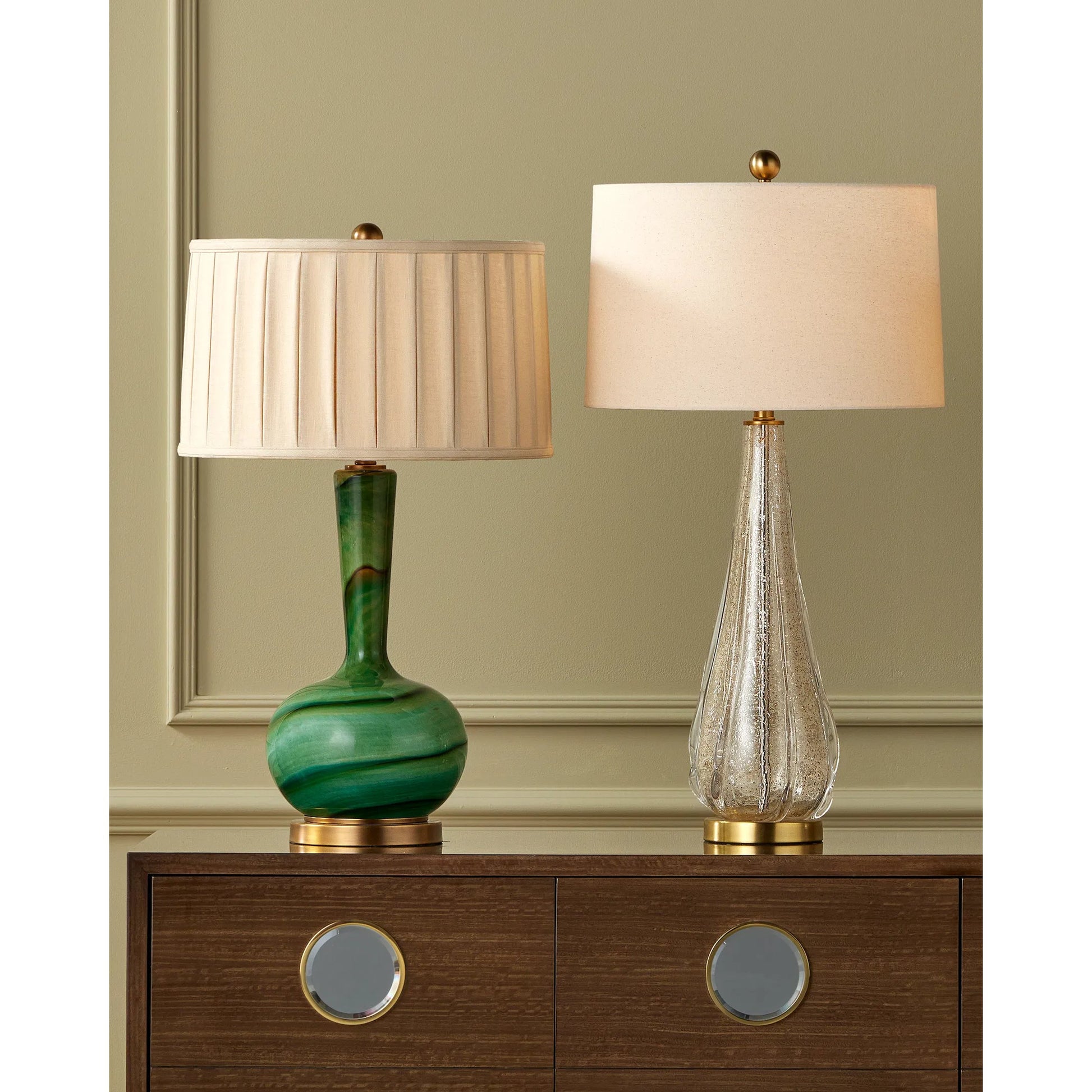 Lamartine Table Lamp by Currey and Company in green, antique brass. Made from glass, metal in a modern style.