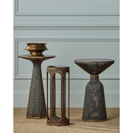 Canopus Accent Table by Currey and Company in iron, bronze, smoke. Made from iron, brass, glass in a modern style.