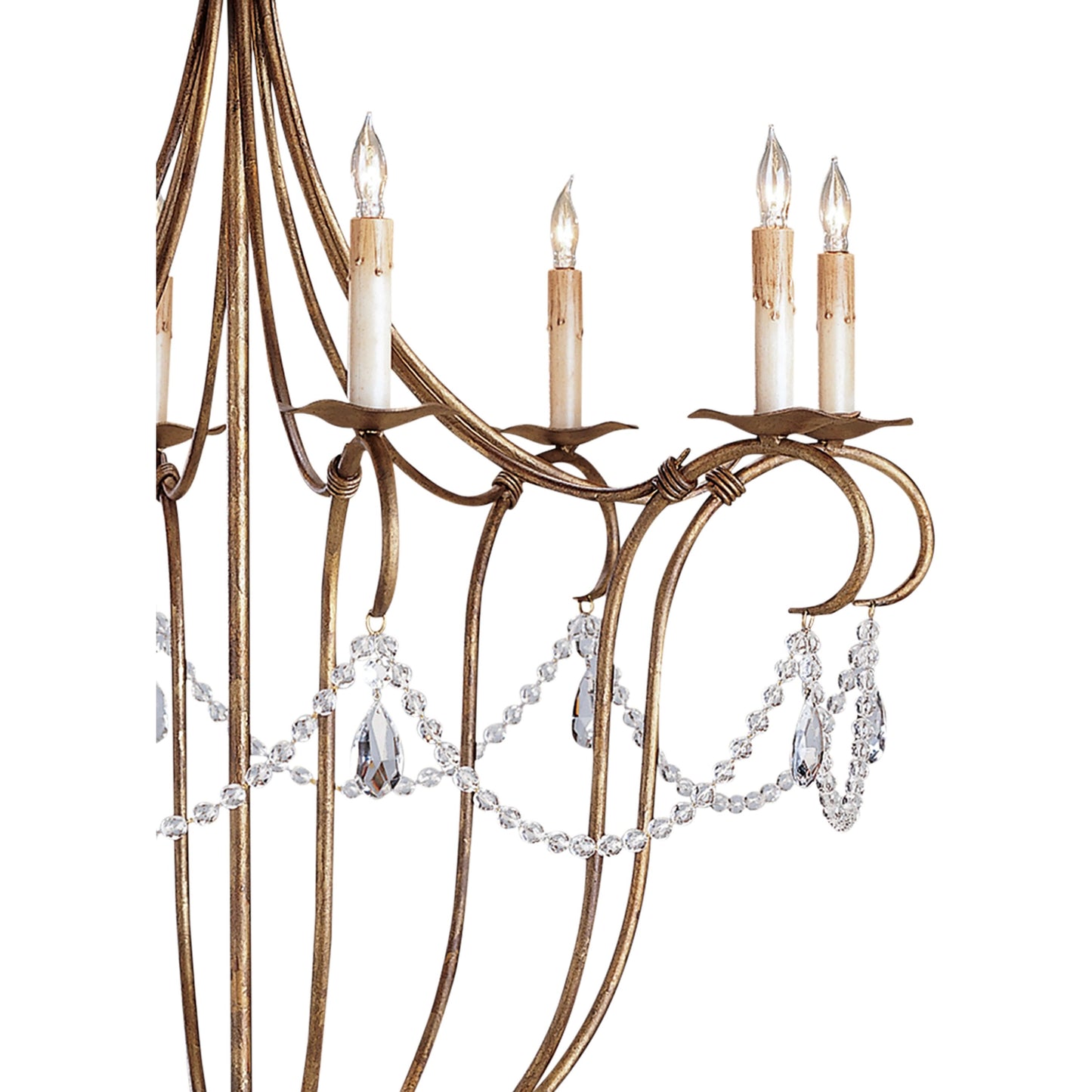 008 S-223956 | Closeup | Crystal Light Chandelier by Currey and Company. Made from wrought iron, crystal in a traditional style.