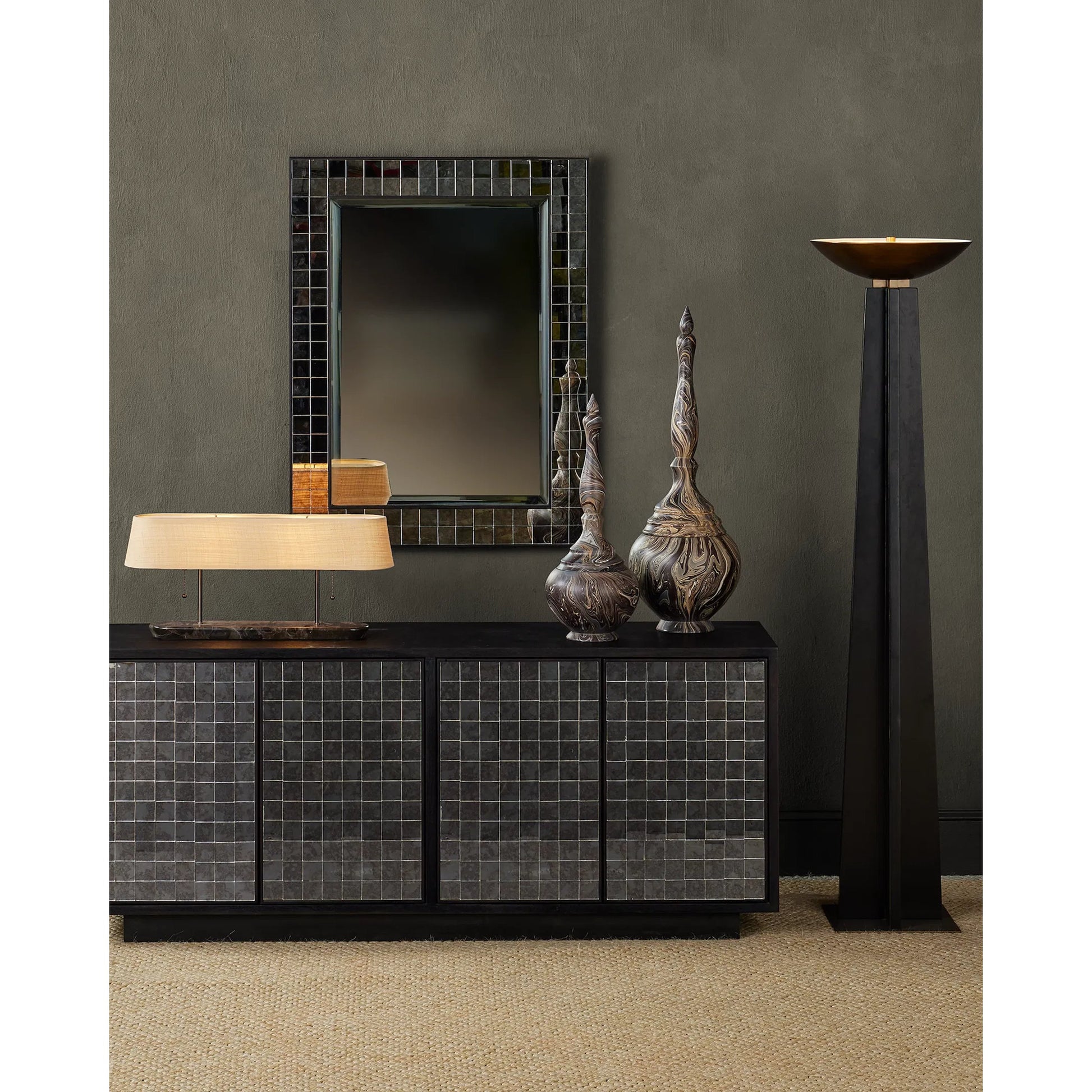 Short Turret Box by Currey and Company in marbleized brown. Made from wood in a unique style.