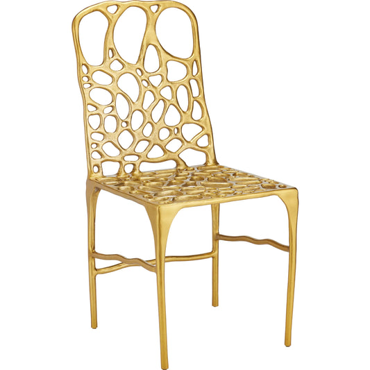 Honeycomb Side Chair by Currey and Company in gold. Made from cast aluminum in a unique style.