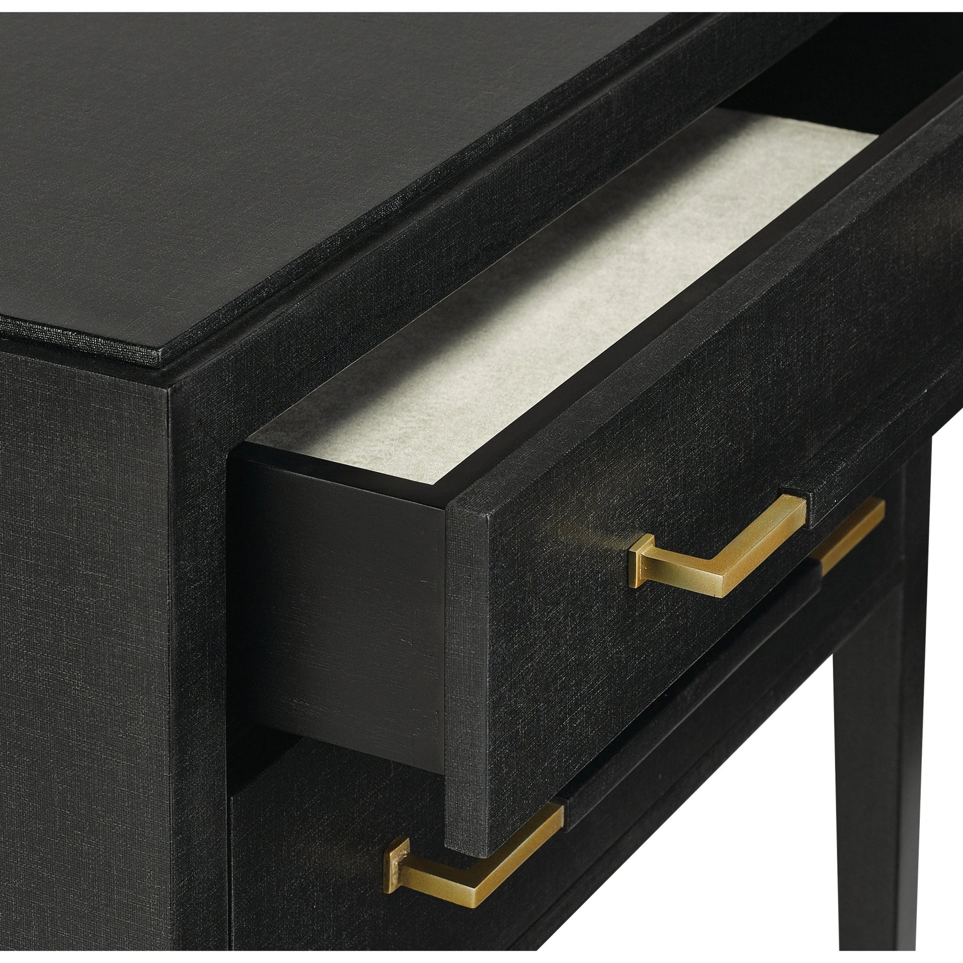 Verona Nightstand by Currey and Company in black lacquered linen, champagne stretchers, linen wrapped cha. Made from solid wood, engineered hardwood in a traditional style.