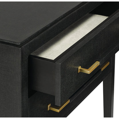 Verona Nightstand by Currey and Company in black lacquered linen, champagne stretchers, linen wrapped cha. Made from solid wood, engineered hardwood in a traditional style.