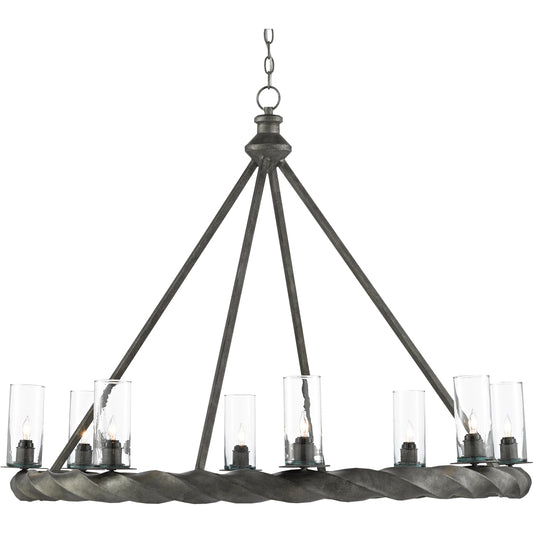 Orson Chandelier by Currey and Company in light mole. Made from wrought iron, glass in a modern style.