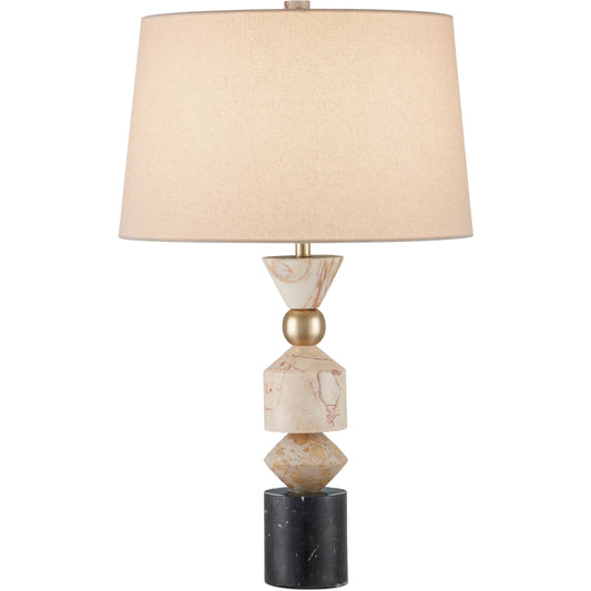 Seguso Table Lamp by Currey and Company in natural, black, brass. Made from black marquina, fossil beige, tennessee pink marble, golden calacatta marble, metal in a unique style.