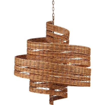 Saisei Chandelier by Currey and Company in natural, khaki. Made from rattan, wrought iron in a coastal style.