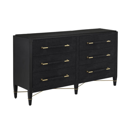 Verona Six-Drawer Chest by Currey and Company in black, natural, champagne, silver. Made from lacquered linen, mahogany, engineered wood, metal, faux velvet in a modern style.