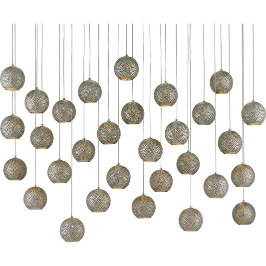 Giro Linear Pendant by Currey and Company in painted silver, nickel, blue. Made from metal, glass bead in a modern style.